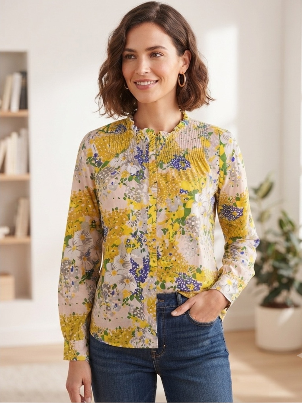 J.Crew Floral Print Blouse XXS‎ Long Sleeve Button Up Ruffle Neck Top
